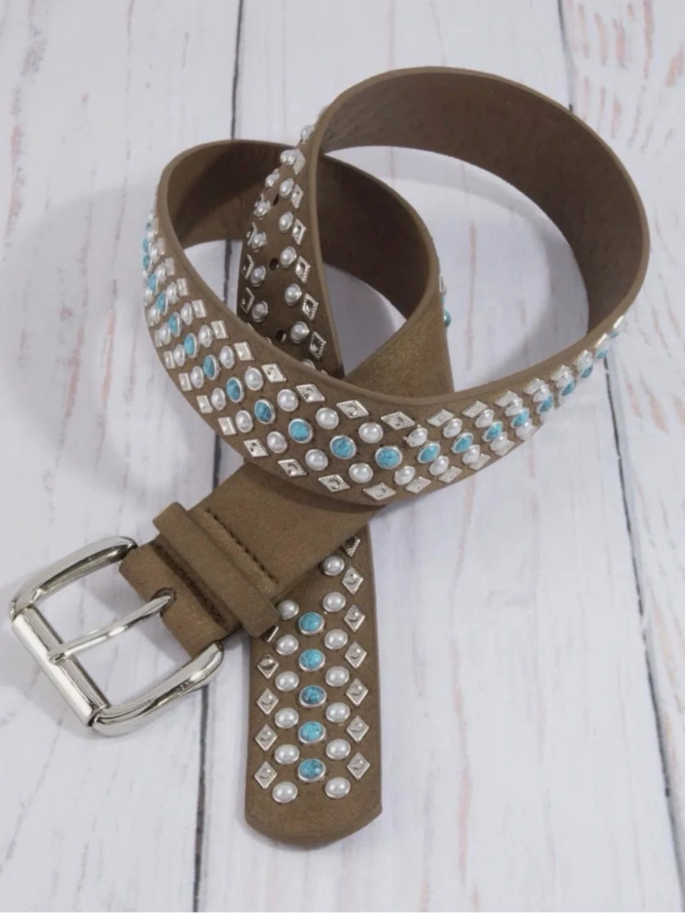 Brown Turquoise & Pearl Studded Western Belt